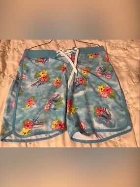 Disney Light Blue Floral Stitch Swim Trunks